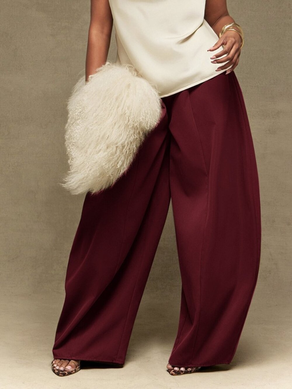 Burgundy Casual Women's Suiting High Waist Barrel Leg Pants - Picture 3 of 4
